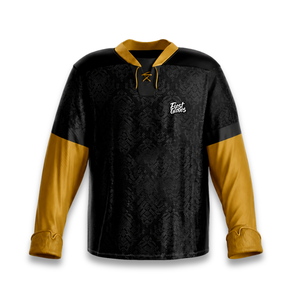 Custom Ice Hockey Jersey Set Sublimated Full Sleeve <b>Moisture</b> Wicking Men's Uniform Black Gold Geometric Pattern - Product Image 5