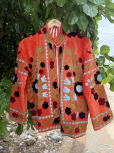 Orange Floral Sujani Woven <b>Velvet</b> Cotton <b>Jacket</b> <b>Women</b> Handmade Embroidery Heart Print Traditional Indian Autumn Winter 160g B2B - Product Image 1