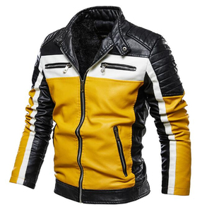 Blouson de moto en cuir PU rouge, noir et blanc pour homme, style motard, blocs de couleur, fermeture éclair, col montant, coupe ajustée - Product Image 6