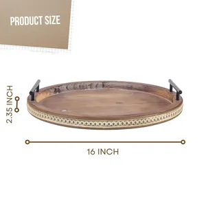 Round Wooden Serving Tray With Metal Handles 16 Inch Handmade Retro Design Solid Color <b>Decorative</b> <b>Plate</b> - Product Image 3