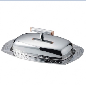 Plat à beurre ovale en acier inoxydable avec couvercle, design minimaliste poli, vaisselle de cuisine, préservation de la fraîcheur - Product Image 2