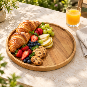 Plateau de service polyvalent en bois de manguier poli avec rebord extérieur surélevé et grain de bois chaud |   Plateau multifonctionnel durable pour fruits - Product Image 2