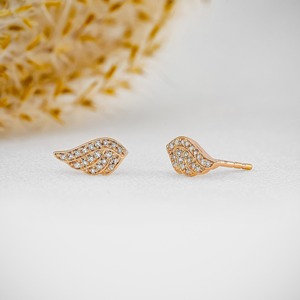 14K Solid Gold Lab Grown Diamond Angel Wing Stud <b>Earrings</b> Unique Design Boho Hippie Style Wedding Anniversary Party Jewelry for - Product Image 2