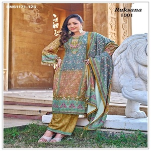 Dernière collection de salwar-kameez prêts-à-porter en satin avec imprimé numérique et manches cloche, bordure en dentelle fantaisie - Collection de mode féminine - Product Image 1