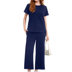 Conjunto Deportivo Casual Azul Marino para Mujer, Manga Corta, Cuello Redondo, Corte Holgado, Pantalones hasta el Tobillo, Bolsillos Laterales, Ropa de Verano - Product Image 1