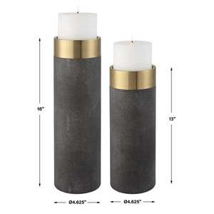 Ensemble de porte-bougies sophistiqué en cuir gris anthracite et métal doré, design minimaliste élégant, forme ronde, pour la décoration de la maison - Product Image 3