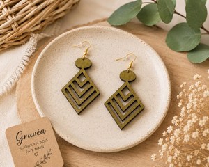 Boucles d'oreilles géométriques en bois avec crochets dorés, forme losange vert olive, apprêts de bijoux fantaisie pour la création et les accessoires - Product Image 4