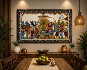 Pintura Étnica Odisha Pattachitra con Escenas Mitológicas, Obra de Arte Tradicional Hecha a Mano para Colgar en la Pared de la Sala de Estar, Oficina o Recepción - Product Image 3