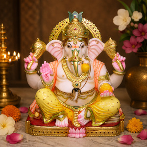 Estatua de Ganesha de Mármol Puro |   Ídolo del Dios Ganesha Hecho a Mano |   Murti de Ganpati en Mármol Premium para Templo en Casa |   Mármol Pintado a Mano - Product Image 1