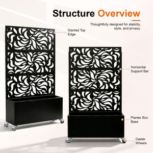 Divisorio Decorativo Autoportante in Metallo Nero con Motivo a Foglie, Fioriera e Recinzione per Patio - Product Image 2