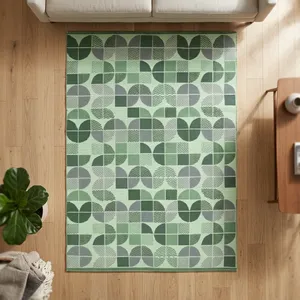 Alfombra de Área de Algodón Lavable Hecha a Mano con Patrón Geométrico, Tejido Plano, Rectangular, Moderna, Verde, con Respaldo de Látex Antideslizante, para Sala de Estar - Product Image 1