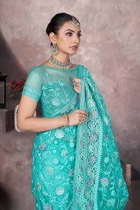 Conjunto de Blusa y Saree Tradicional Verde, de Secado Rápido, Largo hasta el Suelo, con Estampado Floral, Estilo Indio-Pakistaní, para Fiestas y Bodas - Product Image 6