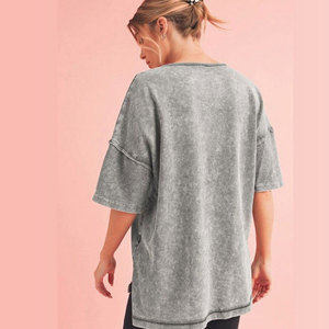 T-shirts d'été en gros 100% coton à col en V et manches courtes, délavés à l'acide, personnalisables, coupe ample, style décontracté, effet vintage - Product Image 3