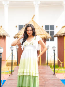 White Green Ombre Bohemian Midi <b>Dress</b> Women Bubble <b>Sleeve</b> <b>Summer</b> Long Natural Eco-Friendly Lightweight Flowy Resort Wear - Product Image 4