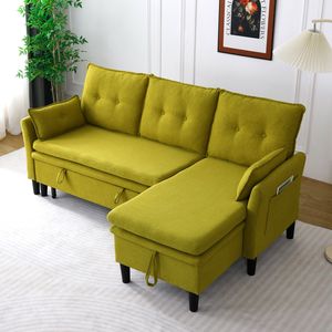 Divano Sezionale a L Reversibile con Chaise Longue e Contenitore, in Cotone Lino Verde, per Ufficio e Soggiorno - Product Image 2