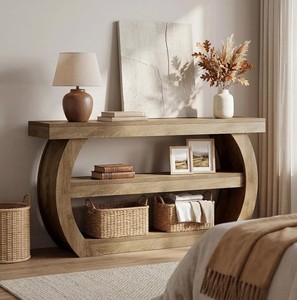 Modern Solid Wood <b>Console</b> <b>Table</b> with <b>Storage</b> Shelf Trestle Base Entryway Living Room Furniture - Product Image 2