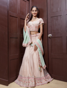 Pink Embroidered <b>Silk</b> and Crepe Lehenga Choli With Mint <b>Green</b> Dupatta For Wedding Wear - Product Image 3