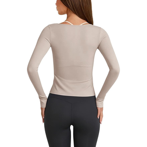 Women Deep V Neck Twist Yoga <b>Top</b> Full Sleeve Solid Color Draped Activewear Shirt - Product Image 3