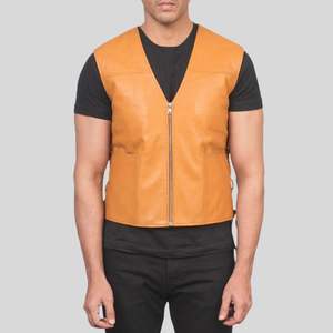 Gilet de motard réversible en cuir et toile pour homme Varsity Starters, couleur Tan, fermeture éclair, respirant, anti-UV, style urbain, personnalisable OEM - Product Image 3