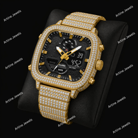 Jam Tangan Analog Digital Kotak Berlapis Emas Bezel Kristal Dial Hitam Multi Fungsi Jam Tangan Mewah Fashion Untuk Pria Wanita Hadiah