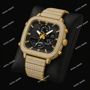 Gold Iced Square Digital Analog <b>Watch</b> Crystal Bezel <b>Black</b> Dial Multi Function Luxury Fashion Timepiece For Men Women Gift - Product Image 3
