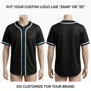 เสื้อเบสบอลพรีเมียม 180 GSM ผ้าโพลีเอสเตอร์อินเตอร์ล็อค ระบายอากาศได้ดี สีดำ แต่งขอบสีน้ำเงินขาว พร้อมออกแบบโลโก้ตามสั่ง - Product Image 1