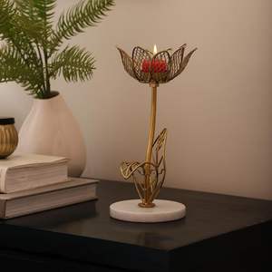 Porte-bougie artisanal en marbre Kamal avec finition dorée, motif lotus, pour bougies chauffe-plat, décoration de la maison pour Diwali, bureau - Product Image 5
