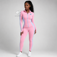 Ensemble de sport rose pour femme Jack And Jill Of America avec veste zippée intégrale et panneaux latéraux contrastants bleus, leggings taille haute, vêtements de sport