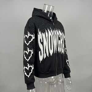Snowgrace Hooded <b>Sweatshirt</b> Black Flame <b>Heart</b> Print Zipper Front Oversized Fit Men Streetwear Winter Knitted Cotton - Product Image 2