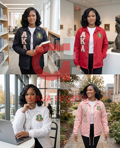 Alpha |   Kapa |   Veste d'hiver en satin rose Alpha pour femmes, veste coupe-vent avec lettres grecques, veste bomber AKA Sorority, veste courte pour femmes - Product Image 3