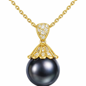 Tahiti Black Pearl <b>Necklace</b> 925 Sterling Silver 14K Gold Plated Pendant Gray Pearl Bridesmaid Jewelry Gift - Product Image 1
