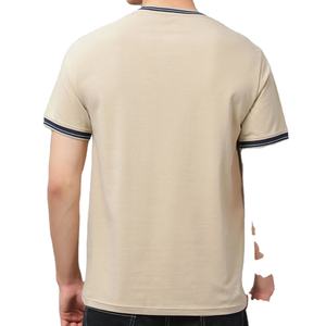 T-shirt en coton épais beige pour homme, col côtelé contrastant, streetwear, manches courtes, haut décontracté basique, logo personnalisé OEM, marque privée - Product Image 4
