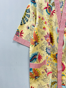 Kimono de Verano Estampado Mukut, Estilo Bohemio, Cuello en V, 100% Algodón, Cierre con Cordón, Lujoso, Casual, Largo, para Descansar - Product Image 4