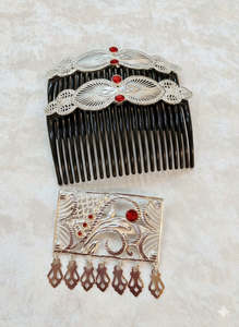 Peigne à cheveux vintage plaqué or, fait main, écologique, étanche, élégant, en alliage, avec mini pierres rouges et motif floral, pour mariée - Product Image 4