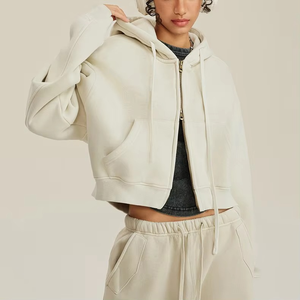 Sudadera con capucha de moda con cordón, estilo acid wash, para otoño, tipo cárdigan corto de punto grueso y cálido, de algodón deportivo para mujer, con forro ecológico. - Product Image 3