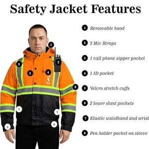 Reflective <b>Safety</b> Jacket L Size Class 3 Waterproof Polyester Winter Coat High Visibility Yellow Black <b>Roadway</b> Use - Product Image 6