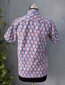 เสื้อเชิ้ตแขนสั้นผู้ชายพิมพ์ลายดอกไม้ลำลองสีน้ำเงินลายสีแดงคอปกพับฤดูร้อนผ้าฝ้ายระบายอากาศได้ - Product Image 5