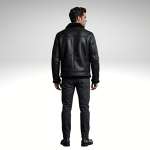Black <b>Shearling</b> Leather <b>Bomber</b> <b>Jacket</b> Mens Genuine Sheepskin Winter Aviator V-neck Zipper Closure Vintage Coat - Product Image 2