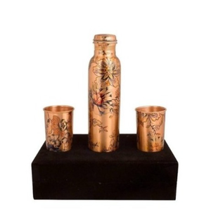 ชุดขวดทองแดงลายดอกไม้พิมพ์ลายสวยงาม พร้อมแก้วน้ำแบบพกพา ดีไซน์ดั้งเดิม - Product Image 1
