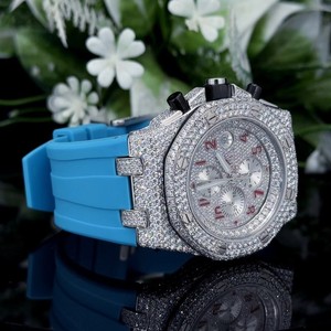 Iced Out Moissanite Quartz <b>Watch</b> Stainless Steel Chronograph Analog Dial Rubber Strap Diamond Look Business Party - Product Image 4