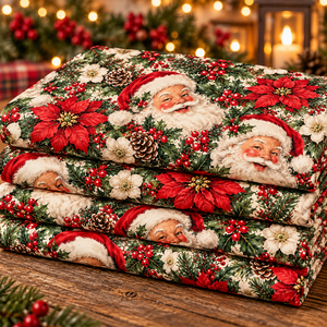 Tissu en microfibre imprimé écologique et biologique, motif Père Noël et baies de houx, pour couture et artisanat de Noël - Product Image 2