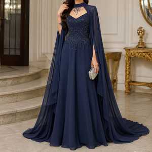 Vestido de Noche Largo Azul con Cuentas, Cuello Alto y Corte Sirena, con Mangas Cortas para Mujer - Eventos Formales, Bodas, Graduaciones, Galas - Product Image 2