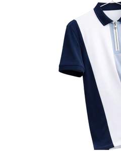 Polo de manga corta para hombre, azul marino, blanco y gris claro, con cremallera de un cuarto, estilo casual, de punto, con bloques de color, fabricado a medida. - Product Image 2