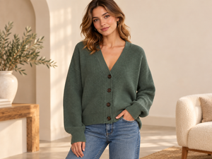 Women's Green Knitted <b>Cardigan</b> <b>Long</b> Sleeve V-Neck Button Closure Casual Autumn Wear Regular Fit Solid Color - Product Image 1