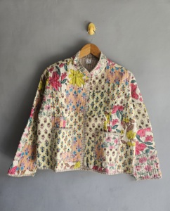 Floral <b>Quilted</b> Jacket Women's Mandarin Collar Cotton Full Sleeve Spring Patch Pocket <b>Single</b> Button XL gift for her - Product Image 1