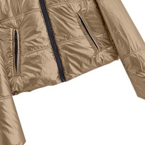 เสื้อแจ็คเก็ตพัฟเฟอร์ผู้หญิงแบบมีฮู้ด น้ำหนักเบา บุใยสังเคราะห์ เงาแบบเมทัลลิก อุ่นสบายสำหรับฤดูหนาว แบบซิป  ทรงครอป  แบบวาร์ซิตี้ - Product Image 5