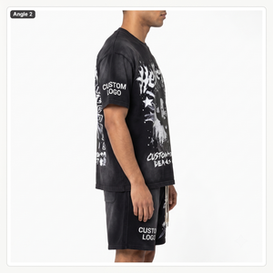 เสื้อยืดคอตตอนวินเทจผู้ชายแบบขายส่ง และชุดกางเกงขาสั้นผ้าเฟรนช์เทอร์รี่ สไตล์สตรีทแวร์แบบทำสีซีด OEM - Product Image 2