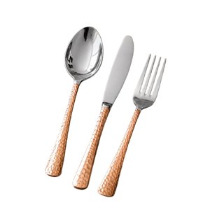 Ensemble de couverts en acier inoxydable poli miroir avec manche martelé or rose pour une table élégante (couteau, fourchette, cuillère) - Product Image 1