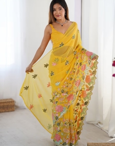 KV Women's Traditional Rayon Georgette Yellow Embellished Designer Wrinkle-Free Quick-Dry Autumn <b>Saree</b> Unstitched <b>Blouse</b> for - Product Image 4