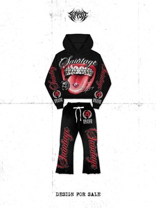 Ensemble sweat à capuche et pantalon Saintage pour femme, noir, imprimé intégral, style hip-hop, tenue assortie, respirant, tricoté, pour l'automne - Product Image 2